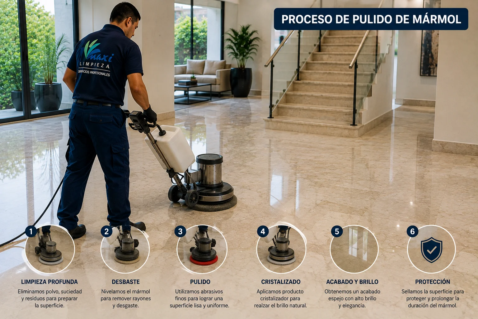Proceso profesional de pulido de mármol